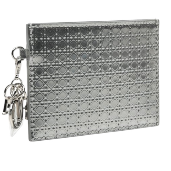 CHRISTIAN DIOR Metallic Cannage Leather Lady Dior Card Holder Silvery - Picture 1 of 11